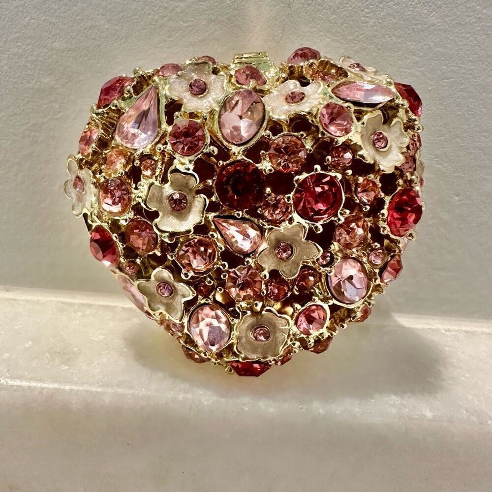 Vintage Hallowed Heart Rhinestone and Flower Heart Shaped Jewelry Box